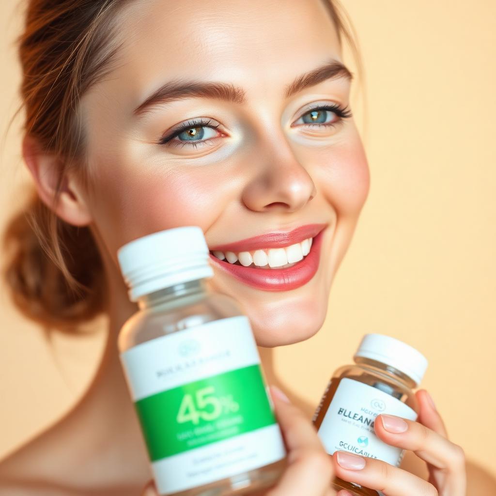 Woman with healthy glowing skin holding wellness supplements